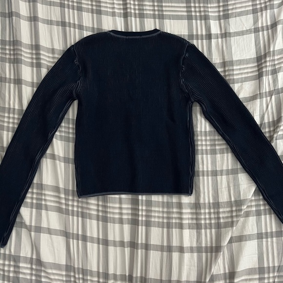 Navy two tone ribbed semi cropped long sleeve top - Picture 2 of 3